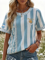 Argentina Theme Striped Vintage 3D Print Crew Neck Short Sleeve Lace Detailed Women T-shirt