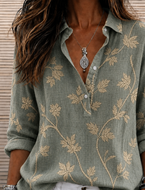 Green Leaf Embroidered Shawl Collar Long Sleeve Women Shirt