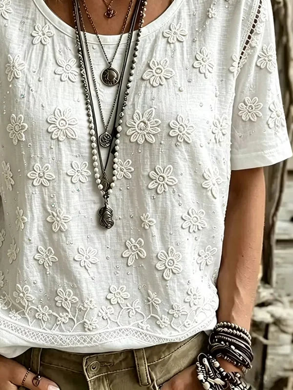 White Floral Embroidered Crew Neck Short Sleeve T-Shirt