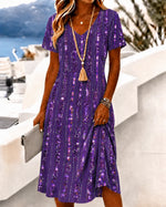 Purple Sequin Striped V-Neck A-Line Midi Dress