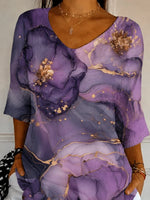 Purple Marble Floral V-Neck 3/4 Sleeve Tee