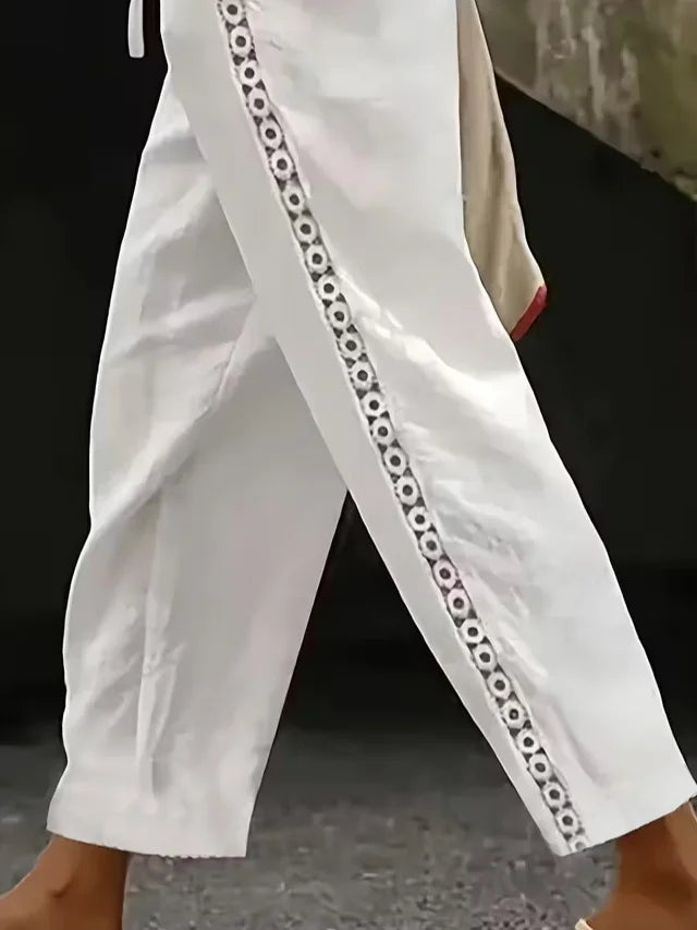 White Lace Trim Drawstring Casual Long Pants
