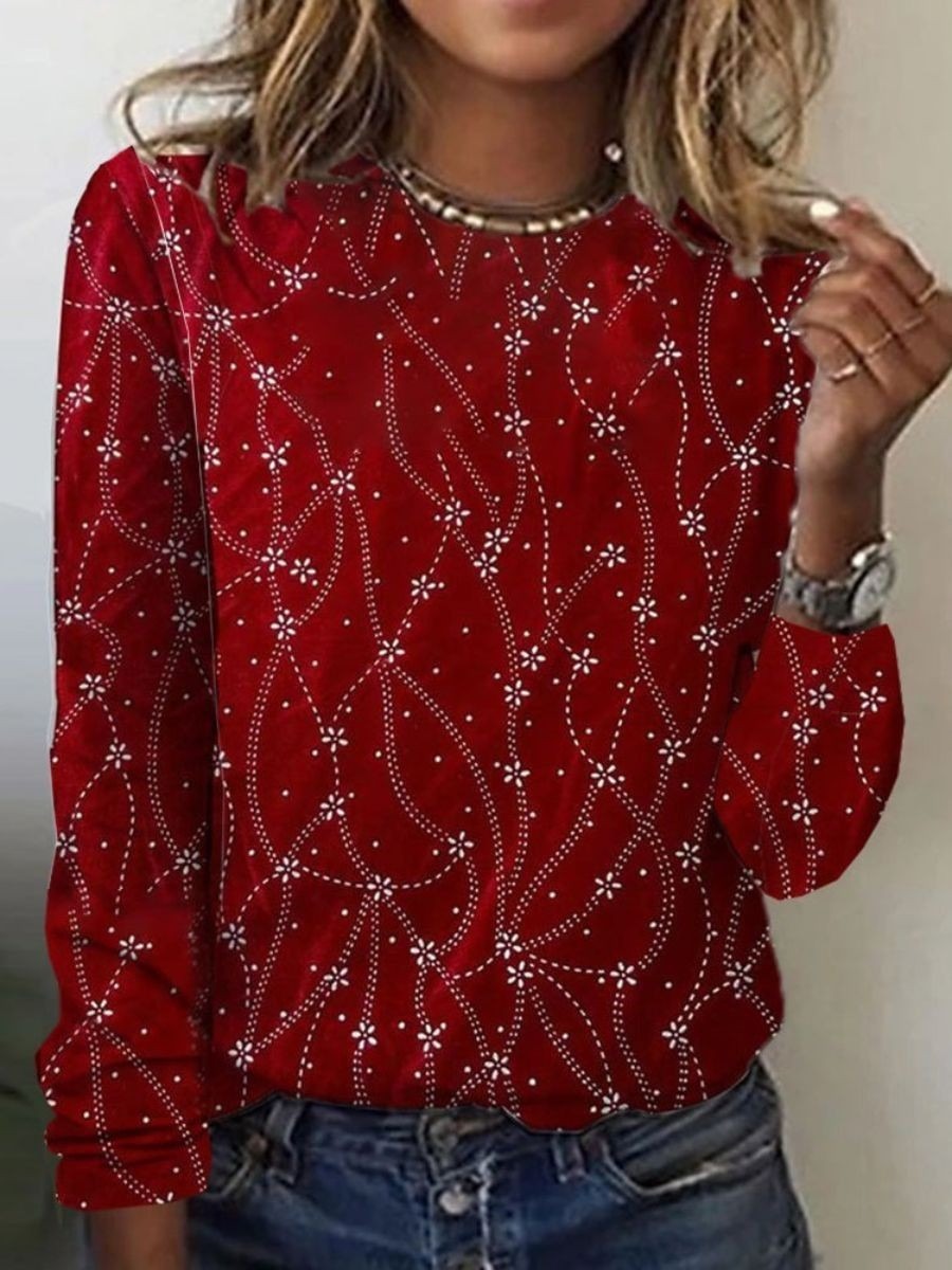 Red Print Round Neck Long Sleeves Casual Blouse