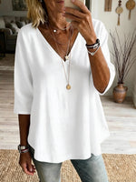 Plain White V-Neck Three-Quarter Sleeve Blouse