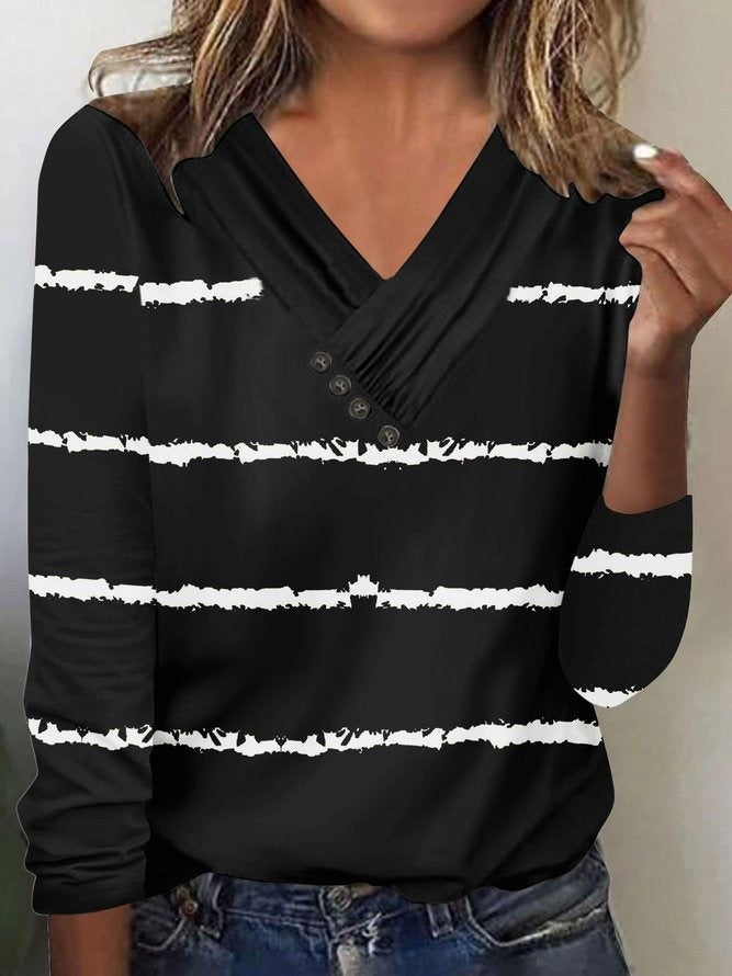 Casual Stripe Print V Neck Long Sleeves Blouse