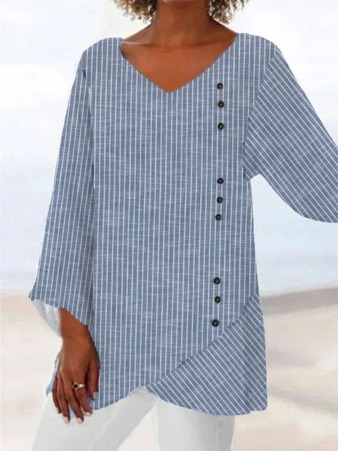 V Neck Long Sleeves Stripe Print Buckle Loose Blouse