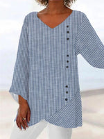 V Neck Long Sleeves Stripe Print Buckle Loose Blouse