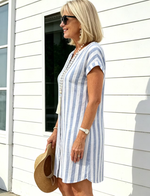 Breathable Cotton Dress Loose Casual Striped Shirt Dress