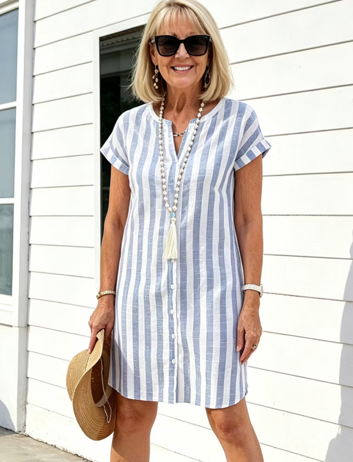 Breathable Cotton Dress Loose Casual Striped Shirt Dress