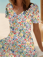 Ditsy Floral V-Neck Short Sleeve Side Slit Fit & Flare A-Line Midi Dress