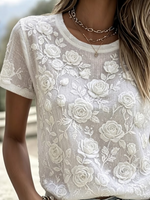 White 3D Rose Embroidery Crew Neck Short Sleeve Casual T-Shirt