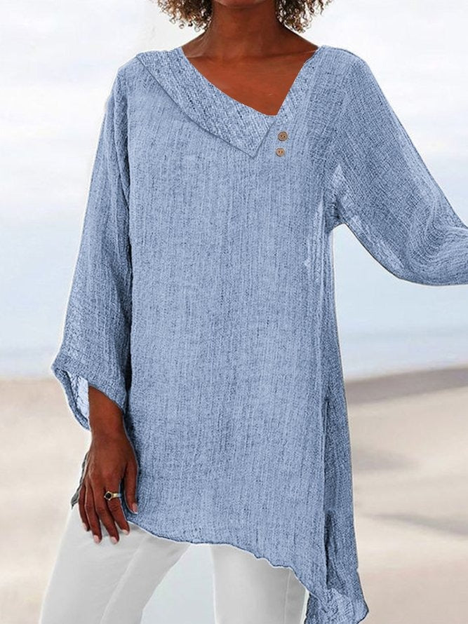 Asymmetrical Casual V Neck Plain Long Sleeves Blouse