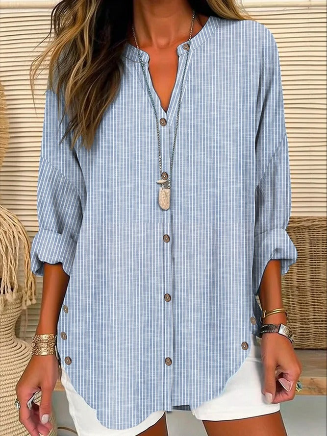 Casual V Neck Stripe Buckle Long Sleeves Blouse