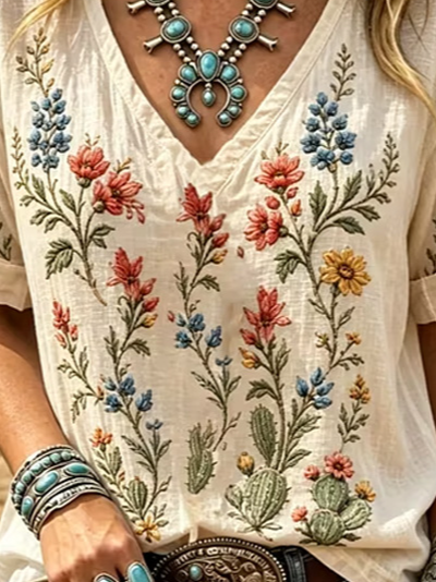 Beige Western Cactus Floral Embroidery V-Neck Rolled Short Sleeve T-Shirt
