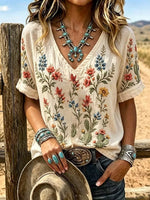 Beige Western Cactus Floral Embroidery V-Neck Rolled Short Sleeve T-Shirt