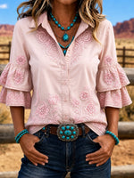 Pink Western Floral Paisley Embroidery Lapel Double Ruffle Half Sleeve Button Shirt