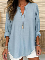 Plain Loose V Neck Long Sleeves Casual Blouse