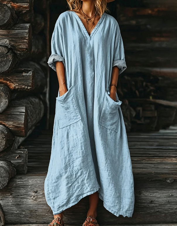 Women's Solid Color V-neck Long Sleeve Pocket Cotton Dress