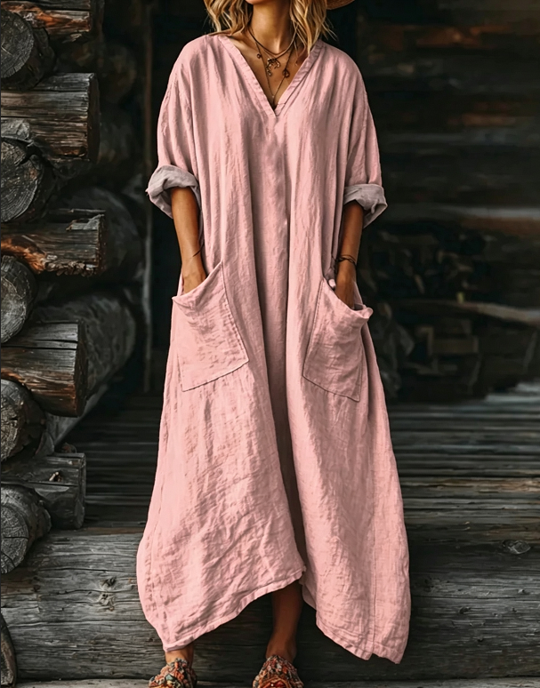 Women's Solid Color V-neck Long Sleeve Pocket Cotton Dress