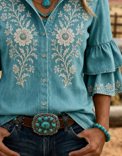Teal Denim Floral Vine Embroidery Lapel Double Flounce Half Sleeve Button Down Shirt