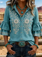 Teal Denim Floral Vine Embroidery Lapel Double Flounce Half Sleeve Button Down Shirt