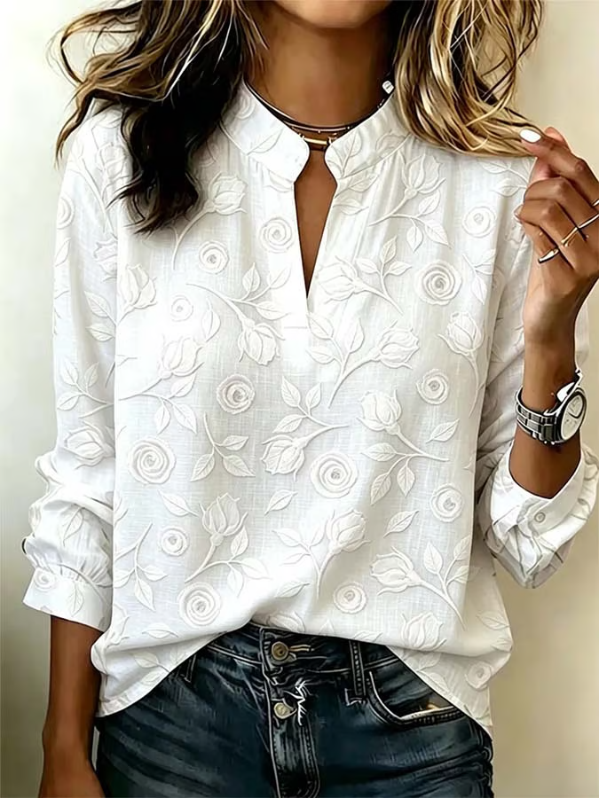 White 3D Embossed Rose Mandarin Collar Split V-Neck Long Sleeve Blouse