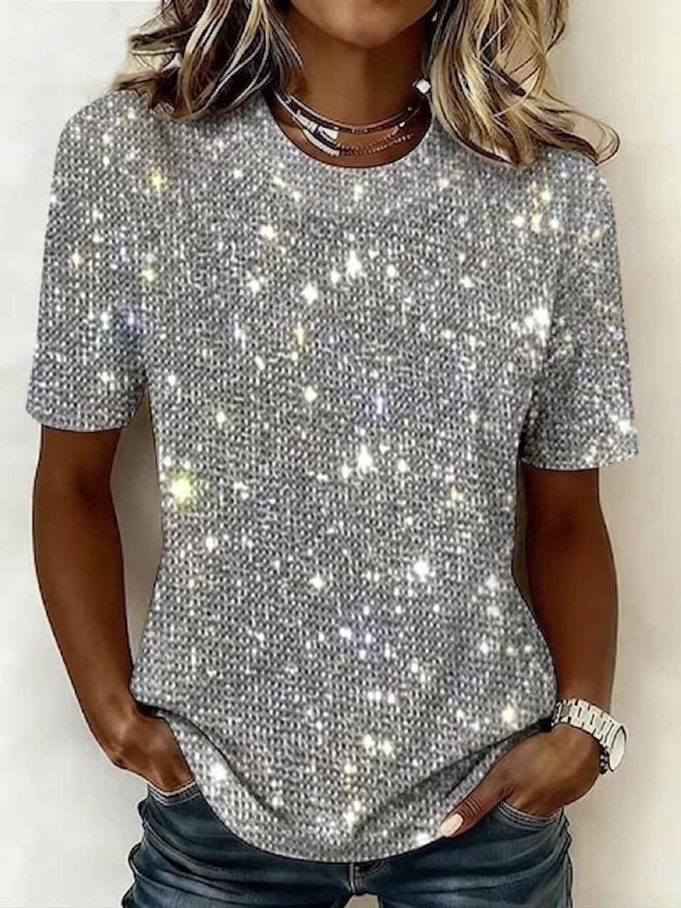 Silver Sparkly Sequin Crew Neck Short Sleeve Casual T-Shirt