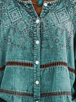 Cyan Western Paisley Patchwork Henley Collar Half Sleeve Button Down Shirt