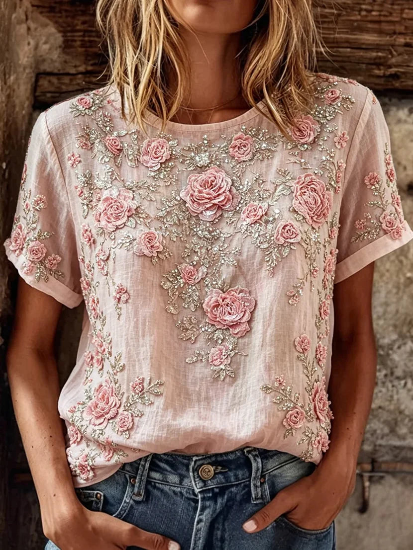 Pink 3D Rose Floral Rhinestone Embellished Crew Neck Short Sleeve Casual T-Shirt