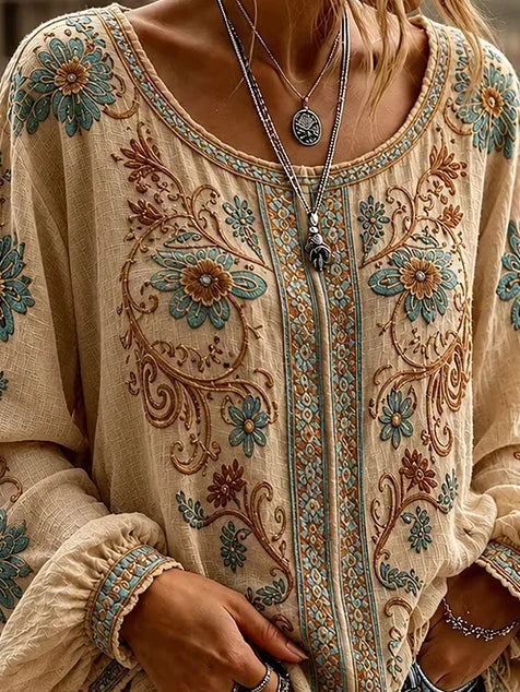 Beige Vintage Teal Floral Scroll Embroidery Scoop Neck Elastic Cuff Long Sleeve Loose Blouse
