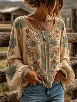 Beige Vintage Teal Floral Scroll Embroidery Scoop Neck Elastic Cuff Long Sleeve Loose Blouse