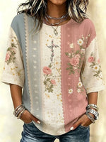 Color Block Lace Panel Rose Floral Print Crew Neck Half Sleeve Casual Blouse