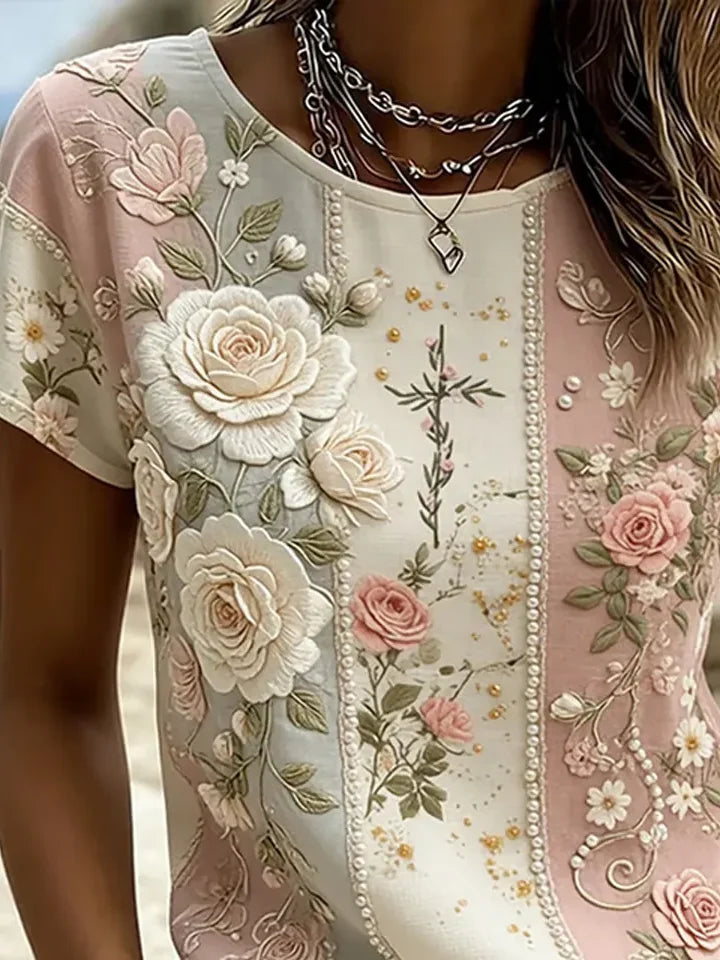 Pink Color Block 3D Rose Floral Pearl Trim Crew Neck Short Sleeve Casual T-Shirt