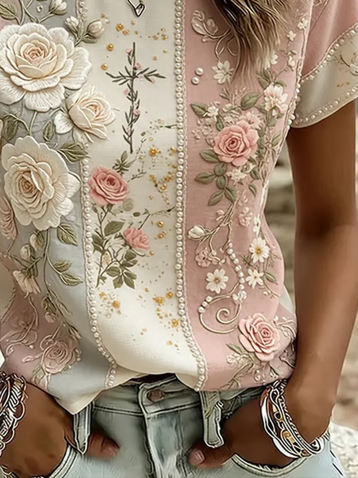 Pink Color Block 3D Rose Floral Pearl Trim Crew Neck Short Sleeve Casual T-Shirt