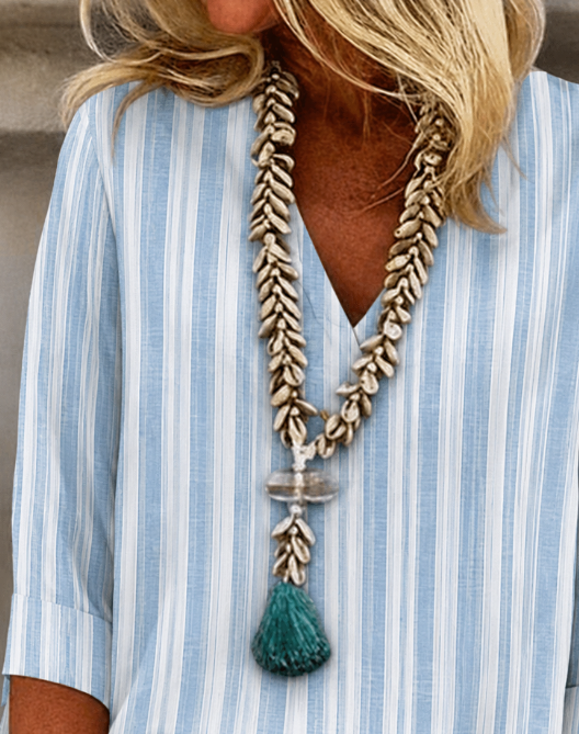 Blue White Vertical Striped V-Neck Cuffed Three-Quarter Sleeve Vintage Casual T-Shirt