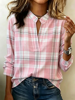 Pink White Grey Plaid Mandarin Split V-Neck Long Sleeve Regular Fit Blouse