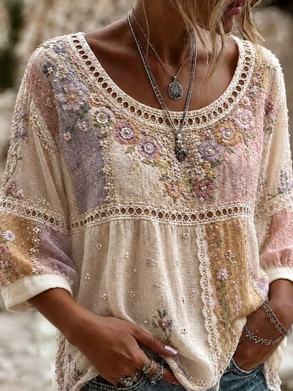 Multicolor Tie-Dye Floral Embroidery Eyelet Lace Scoop Neck Peplum Three-Quarter Sleeve Loose Blouse