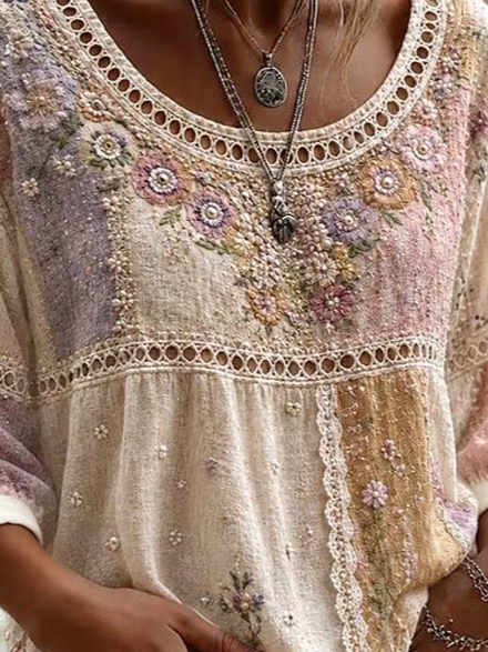 Multicolor Tie-Dye Floral Embroidery Eyelet Lace Scoop Neck Peplum Three-Quarter Sleeve Loose Blouse
