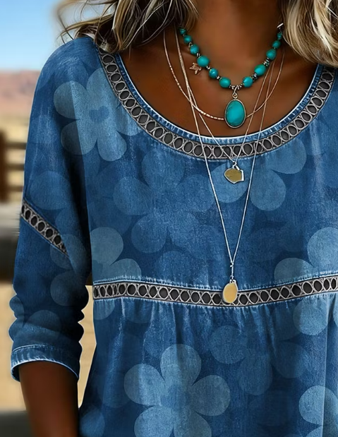 Blue Denim-Look Large Floral Print Scoop Neck Eyelet Lace Peplum Three-Quarter Sleeve Loose Blouse
