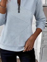 Light Blue Diagonal Striped Half Zip Stand Collar Long Sleeve Casual Sweatshirt