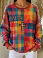 Multicolor Plaid Faith Cross Embroidery Crew Neck Long Sleeve Loose Sweatshirt