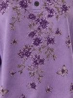 Purple Floral Butterfly Print Four-Button Henley Crew Neck Long Sleeve Casual Sweatshirt