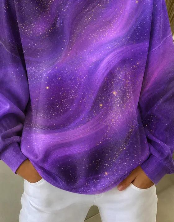Purple Galaxy Swirl Glitter Ombre Crew Neck Long Sleeve Loose Casual Sweatshirt