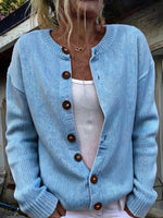 Denim Blue Crew Neck Knit Button Front Casual Cardigan