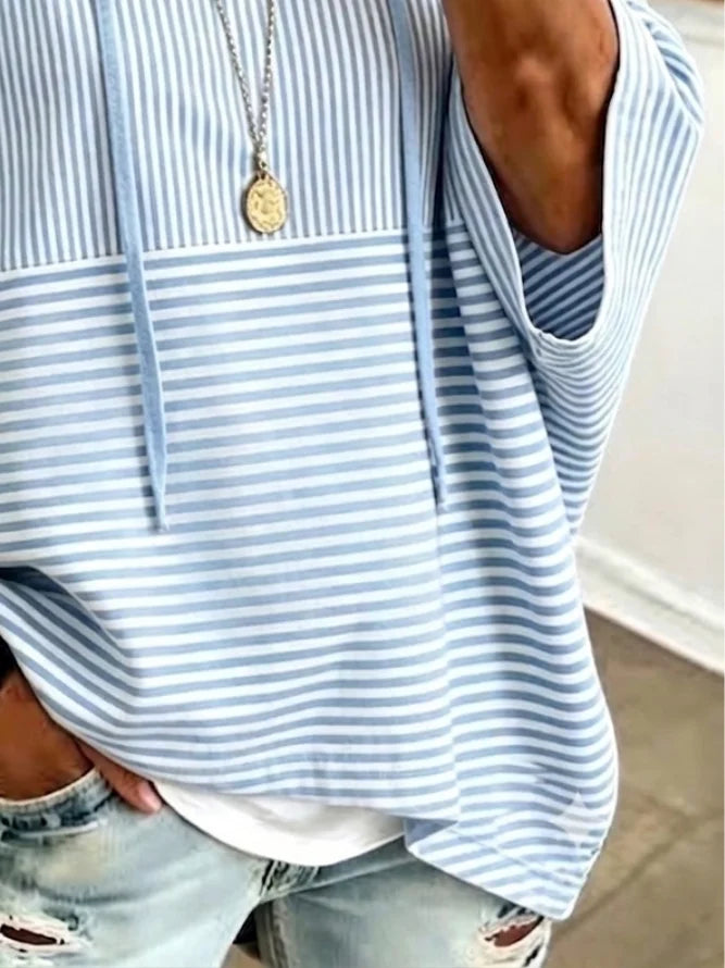 Blue White Horizontal Stripe Short Sleeve Drawstring Hoodie