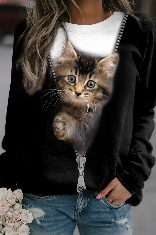Pullover Black Cat Street Round Neck Long Sleeves Sweatshirt