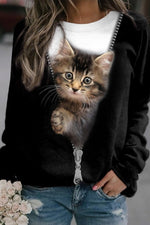 Pullover Black Cat Street Round Neck Long Sleeves Sweatshirt