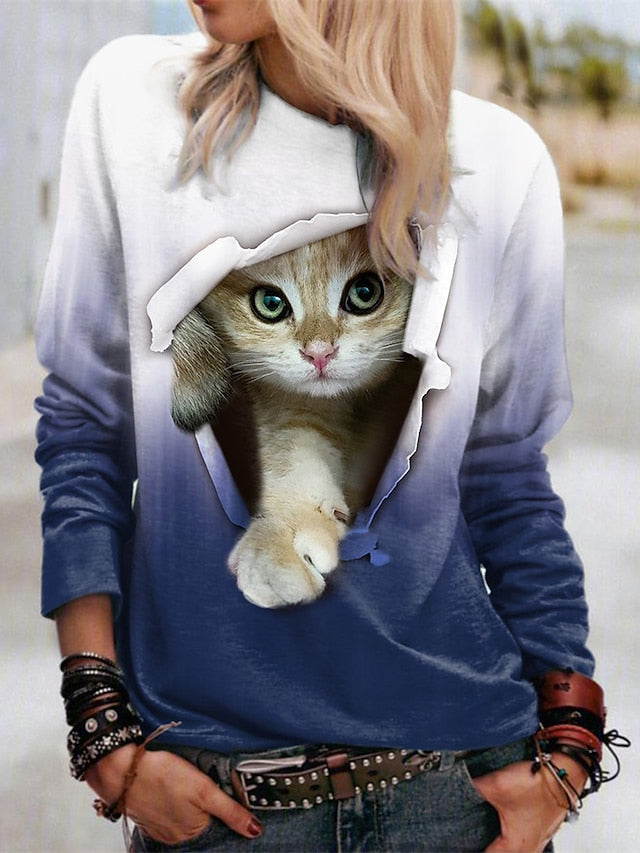 Blue Cat Street Round Neck Long Sleeves Sweatshirt