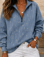Blue Delicate Floral Print Half Zip Stand Collar Long Sleeve Sweatshirt