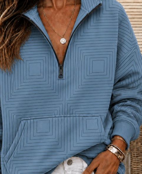 Square Geometric Print Half Zip Stand Collar Long Sleeve Sweatshirt